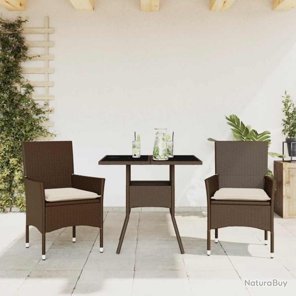Ensemble  manger de jardin et coussins 3pcs marron rotin verre alsavelo