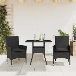 Ensemble à manger de jardin et coussins 3 pcs noir rotin verre alsavelo