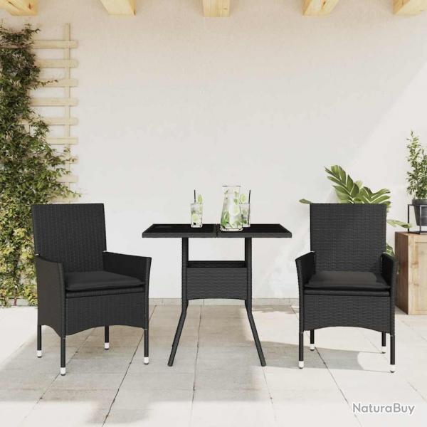 Ensemble  manger de jardin et coussins 3 pcs noir rotin verre alsavelo