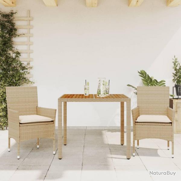 Ensemble  manger de jardin et coussins 3pcs beige rotin acacia alsavelo