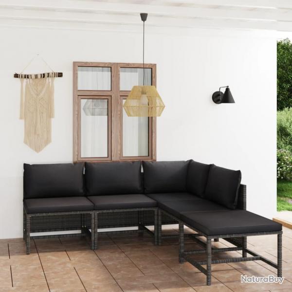 Salon de jardin 5 pcs avec coussins Rsine tresse Gris alsavelo