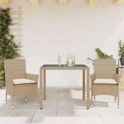 Ensemble à manger de jardin et coussins 3 pcs beige rotin verre alsavelo