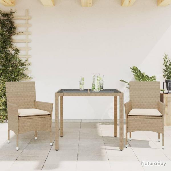 Ensemble  manger de jardin et coussins 3 pcs beige rotin verre alsavelo