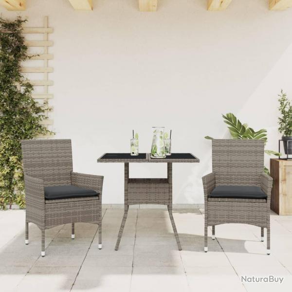 Ensemble  manger de jardin et coussins 3 pcs gris rotin verre alsavelo