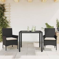 Ensemble à manger de jardin et coussins 3 pcs noir rotin verre alsavelo