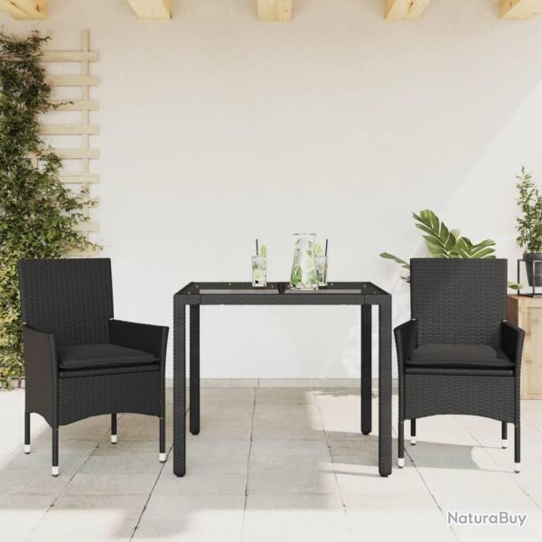 Ensemble  manger de jardin et coussins 3 pcs noir rotin verre alsavelo