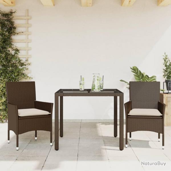 Ensemble  manger de jardin et coussins 3pcs marron rotin verre alsavelo