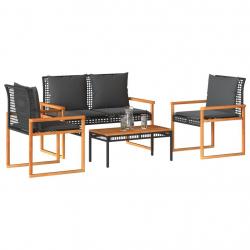 Salon de jardin 4 pcs avec coussins Noir Résine tressée alsavelo