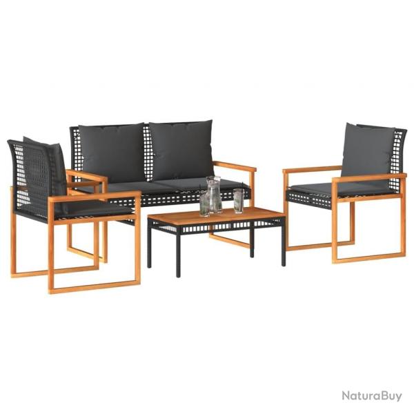 Salon de jardin 4 pcs avec coussins Noir Rsine tresse alsavelo