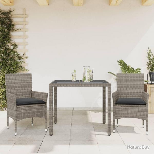 Ensemble  manger de jardin et coussins 3 pcs gris rotin verre alsavelo