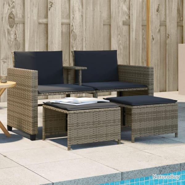 Canap de jardin 2 places avec table et tabourets gris rotin alsavelo