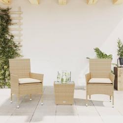 bistro avec coussins 3 pcs beige rotin et verre alsavelo