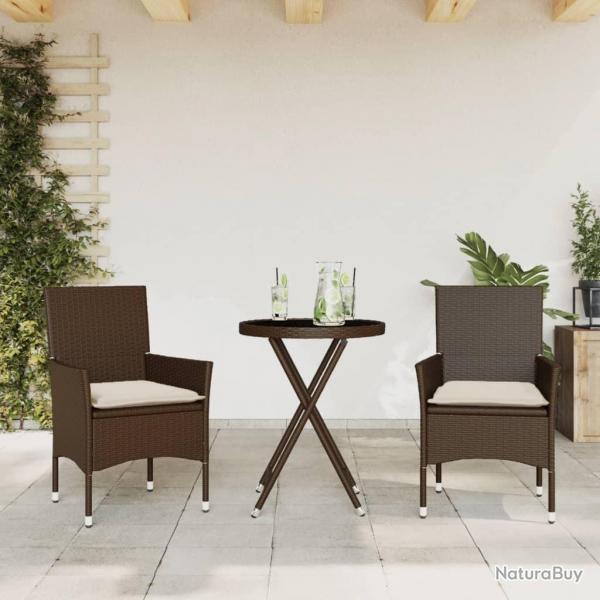 bistro avec coussins 3 pcs marron rotin et verre alsavelo