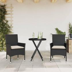 bistro avec coussins 3pcs noir résine tressée verre alsavelo