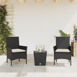 bistro avec coussins 3pcs noir résine tressée verre alsavelo