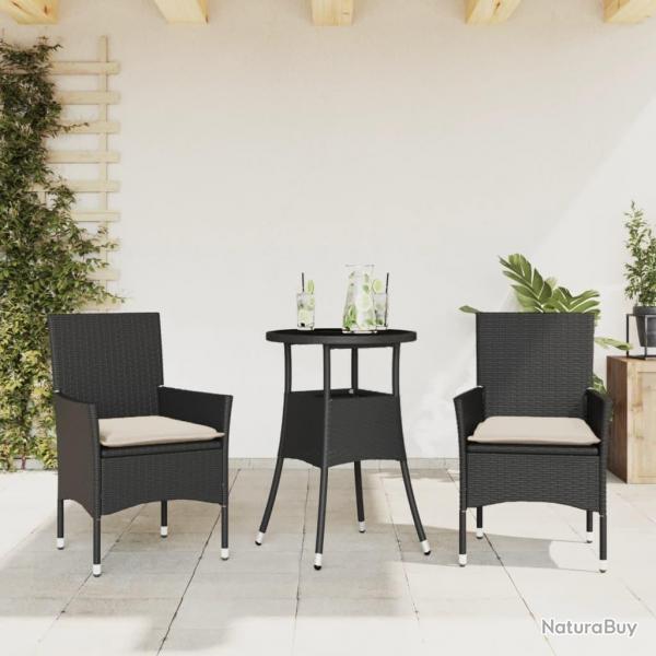 Ensemble  manger de jardin et coussins 3 pcs noir rotin verre alsavelo