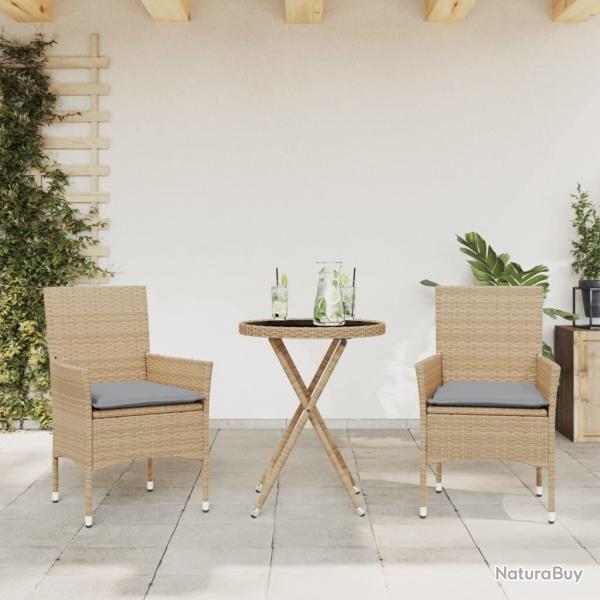 bistro avec coussins 3 pcs beige rotin et verre alsavelo