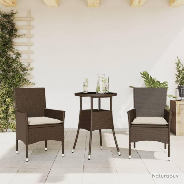 Ensemble  manger de jardin et coussins 3pcs marron rotin verre alsavelo