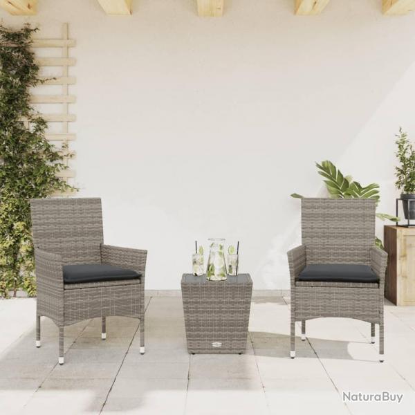 bistro avec coussins 3 pcs gris rotin et verre alsavelo