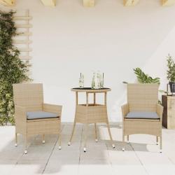 Ensemble à manger de jardin et coussins 3 pcs beige rotin verre alsavelo