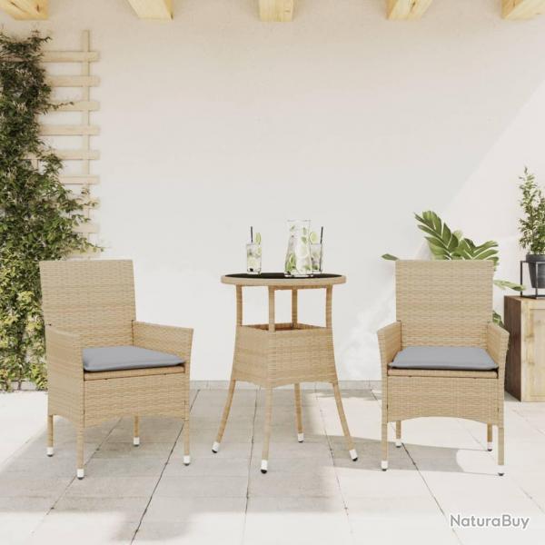 Ensemble  manger de jardin et coussins 3 pcs beige rotin verre alsavelo