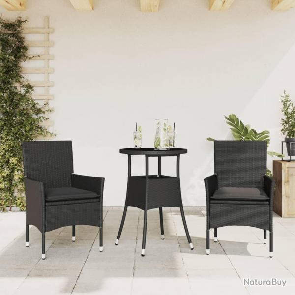 Ensemble  manger de jardin et coussins 3 pcs noir rotin verre alsavelo