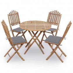 Mobilier à dîner d'extérieur pliable 5 pcs avec coussins bambou alsavelo