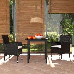 Ensemble à dîner de jardin avec coussins 3 pcs poly rotin noir alsavelo