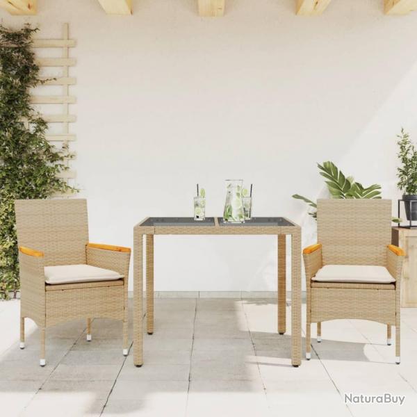 Ensemble  manger de jardin et coussins 3 pcs beige rotin verre alsavelo