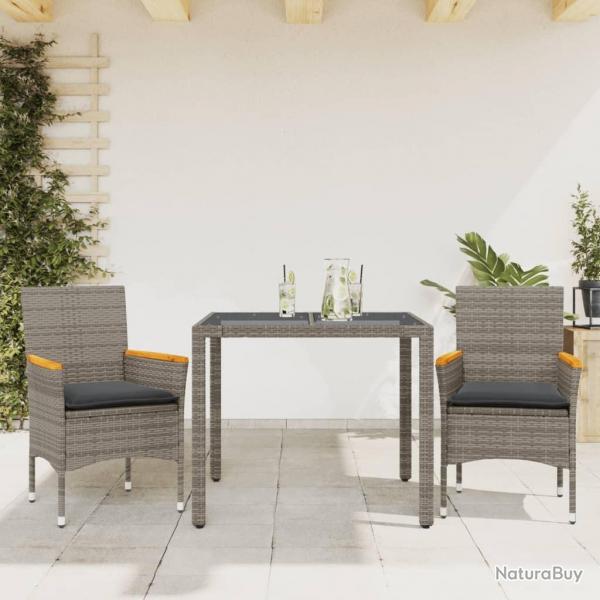 Ensemble  manger de jardin et coussins 3 pcs gris rotin verre alsavelo