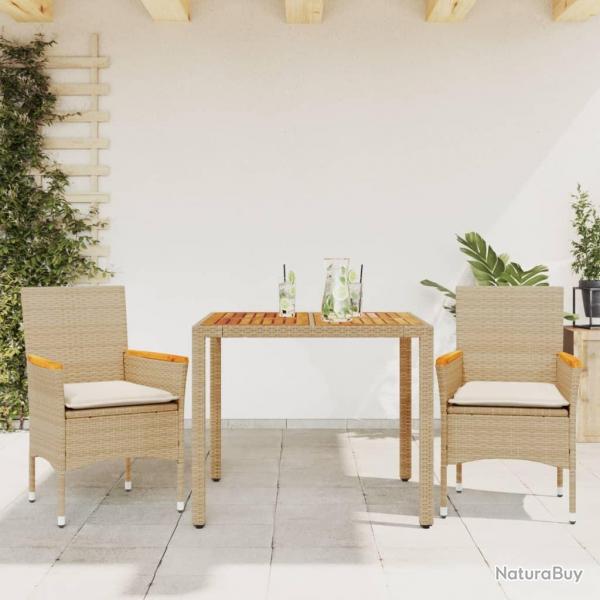 Ensemble  manger de jardin et coussins 3pcs beige rotin acacia alsavelo