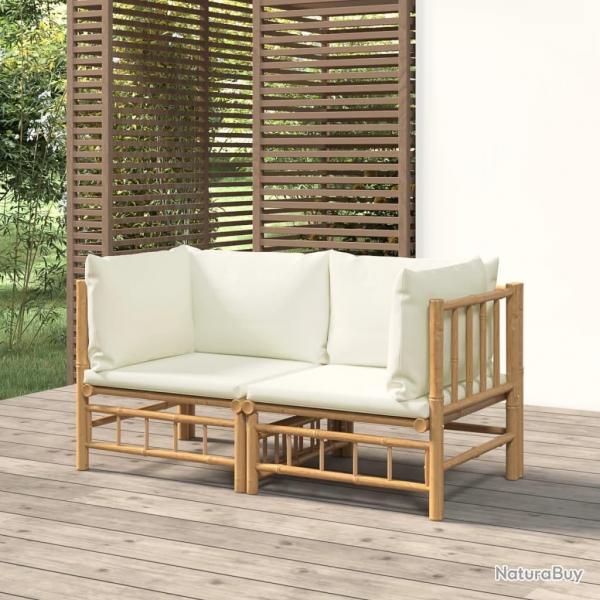 Canaps d'angle de jardin avec coussins blanc crme 2pcs bambou alsavelo