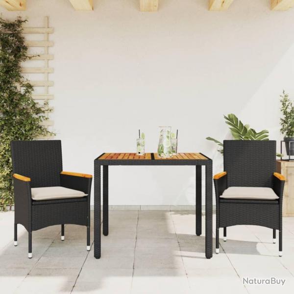 Ensemble  manger de jardin et coussins 3 pcs noir rotin acacia alsavelo