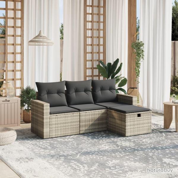 Salon de jardin 4 pcs avec coussins gris clair rsine tresse alsavelo