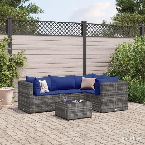 Salon de jardin 5 pcs avec coussins Gris Rsine tresse alsavelo