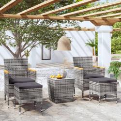 bistro jardin 5pcs Résine tressée verre trempé Gris alsavelo