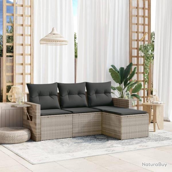 Salon de jardin 4 pcs avec coussins gris clair rsine tresse alsavelo