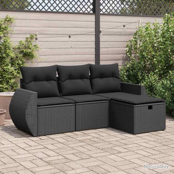 Salon de jardin 4 pcs avec coussins noir rsine tresse alsavelo
