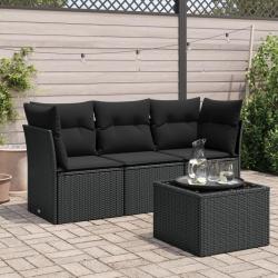 Salon de jardin 4 pcs avec coussins noir résine tressée alsavelo