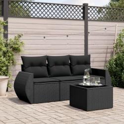 Salon de jardin 4 pcs avec coussins noir résine tressée alsavelo