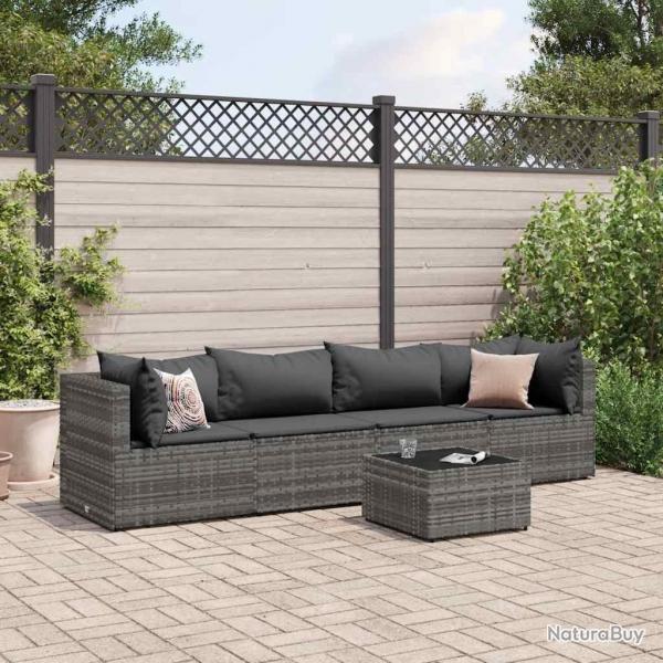 Salon de jardin 5 pcs avec coussins Gris Rsine tresse alsavelo