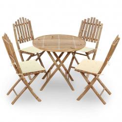 Mobilier à dîner d'extérieur pliable 5 pcs avec coussins bambou alsavelo