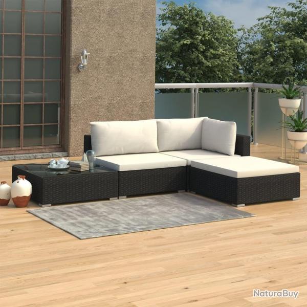 Salon de jardin 4 pcs avec coussins Rsine tresse Noir alsavelo
