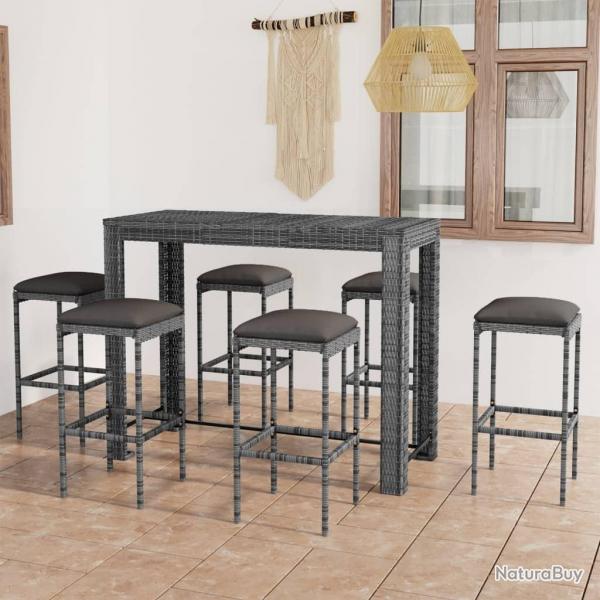 bar de jardin 7 pcs et coussins Rsine tresse Gris alsavelo
