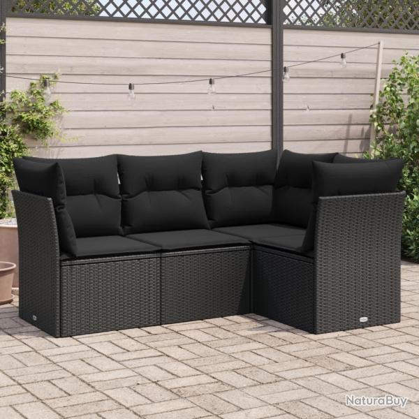 Salon de jardin 4 pcs avec coussins noir rsine tresse alsavelo