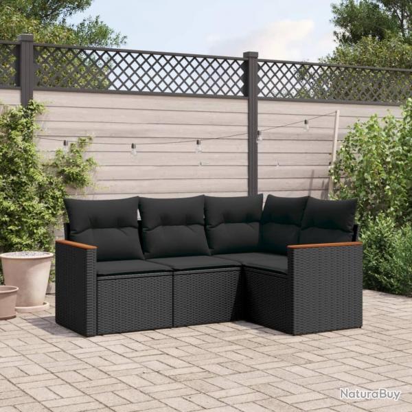 Salon de jardin 4 pcs avec coussins noir rsine tresse alsavelo