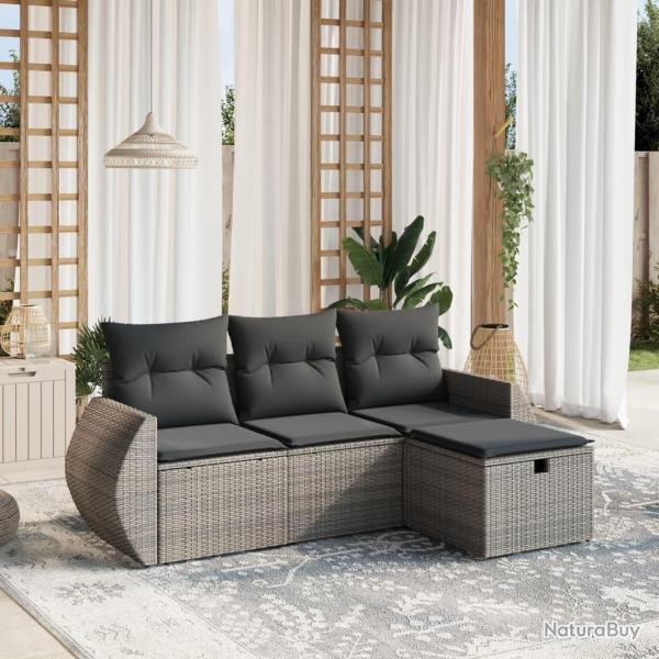 Salon de jardin 4 pcs avec coussins gris rsine tresse alsavelo