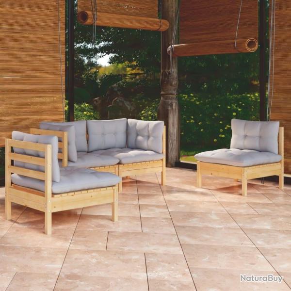 Salon de jardin 4 pcs avec coussins gris Bois de pin massif alsavelo
