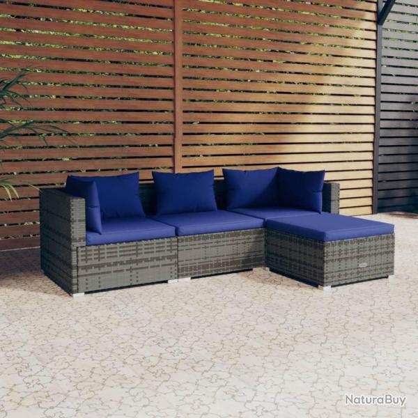 Salon de jardin 4 pcs avec coussins rsine tresse gris alsavelo