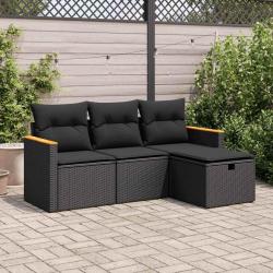 Salon de jardin 4 pcs avec coussins noir résine tressée alsavelo